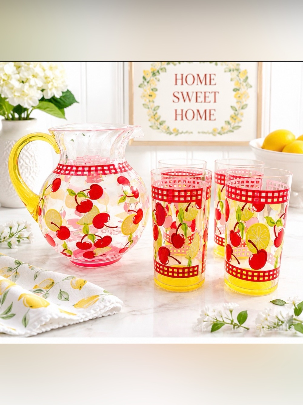 Bed Bath & Beyond Red Cherry & Yellow Lemon Acrylic Pitcher Set|Yellow Handle